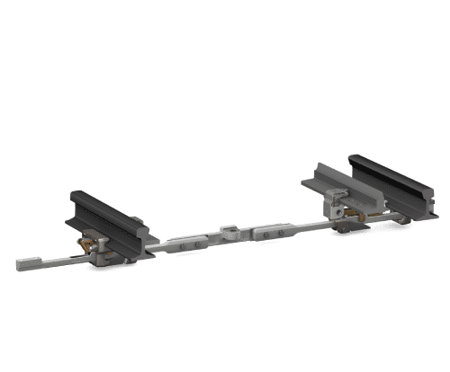 Animated image showing a mechanical device consisting of two gray rails connected by a central rod and several moving parts, demonstrating the mechanism's operation. The components, resembling precision Schmiedeteile, move back and forth seamlessly.