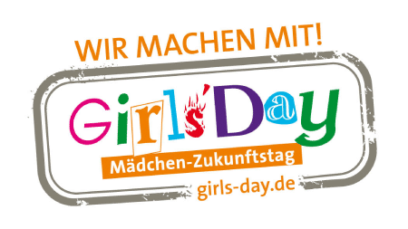 Logo für den Girls' Day, den Mädchen-Zukunftstag, ein Tag, der die beruflichen Zukunftschancen von Mädchen fördert. Der Text ist farbenfroh und in verspielten Schriftarten gehalten. Oben steht der Slogan „Wir machen mit!“ und unten die Website „girls-day.de“. Hervorgehoben werden Berufe wie Schmiedeteile im Automobilbereich.