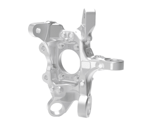 A detailed 3D-rendered image of a metallic automotive part, possibly an aluminium Schmiedeteile Automotive component, with several mounting points, a large central hole, and various smaller attachment points. The part has a complex, geometric structure with multiple angles and surfaces.