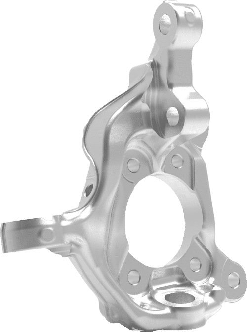 A silver metallic steering knuckle, crafted using Schmiedeteile Herstellung techniques, features multiple mounting holes and a complex, intricate shape designed for attaching vehicle suspension components and steering mechanisms. This Aluminium component boasts a central circular opening and several arms extending outward.