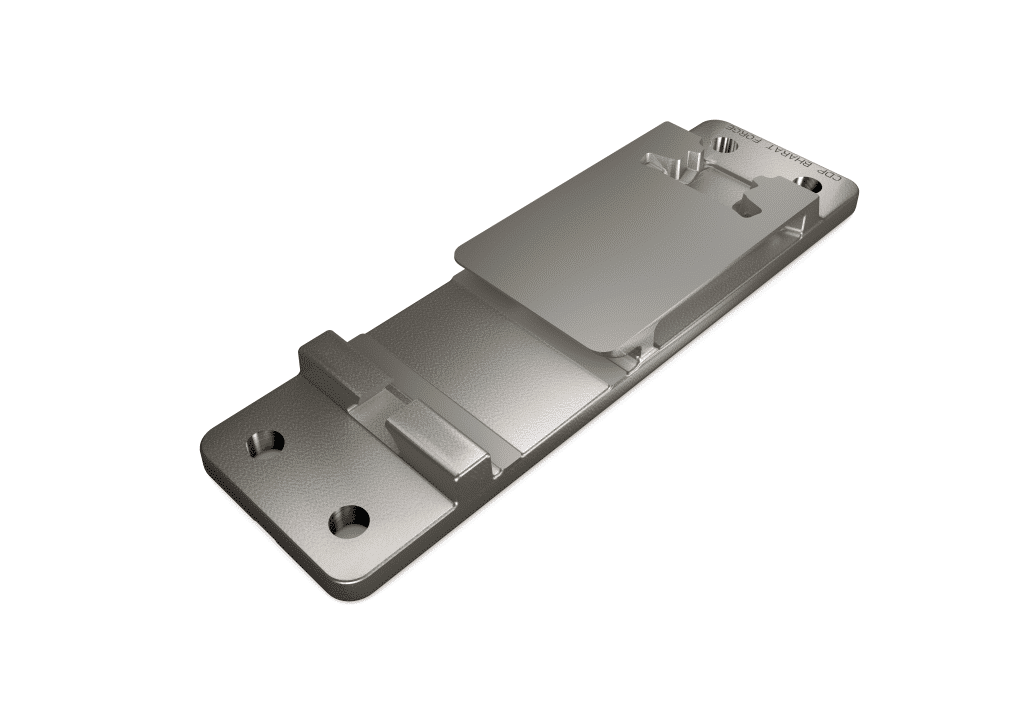 Ein Metallteil mit rechteckiger Basis und mehreren erhabenen Elementen, darunter eine flache Platte und mehrere kleine Vorsprünge. Die Basis hat zwei Löcher in der Nähe der Vorderkante. Dieses Schmiedeteile-Bauteil scheint für eine mechanische oder industrielle Anwendung konzipiert zu sein.