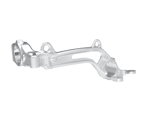 A silver metallic car suspension part with a sleek, hollowed-out design. It features multiple mounting holes, rounded edges, and a mix of cylindrical and curved sections. Likely created through Schmiedeteile Herstellung, it’s tailored for specific attachment in an automotive assembly.