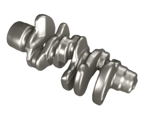 A 3D rendering of a metallic crankshaft. The object has multiple curved and cylindrical sections, exhibiting a polished and reflective aluminium surface. The crankshaft's intricate design highlights its complex geometry and mechanical precision, showcasing the craftsmanship of Schmiedeteile Hersteller.