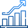 A blue bar chart with four bars of increasing height from left to right, and an upward-pointing arrow above the bars, indicating growth or progress in Aluminium Schmiedeteile manufacturing.