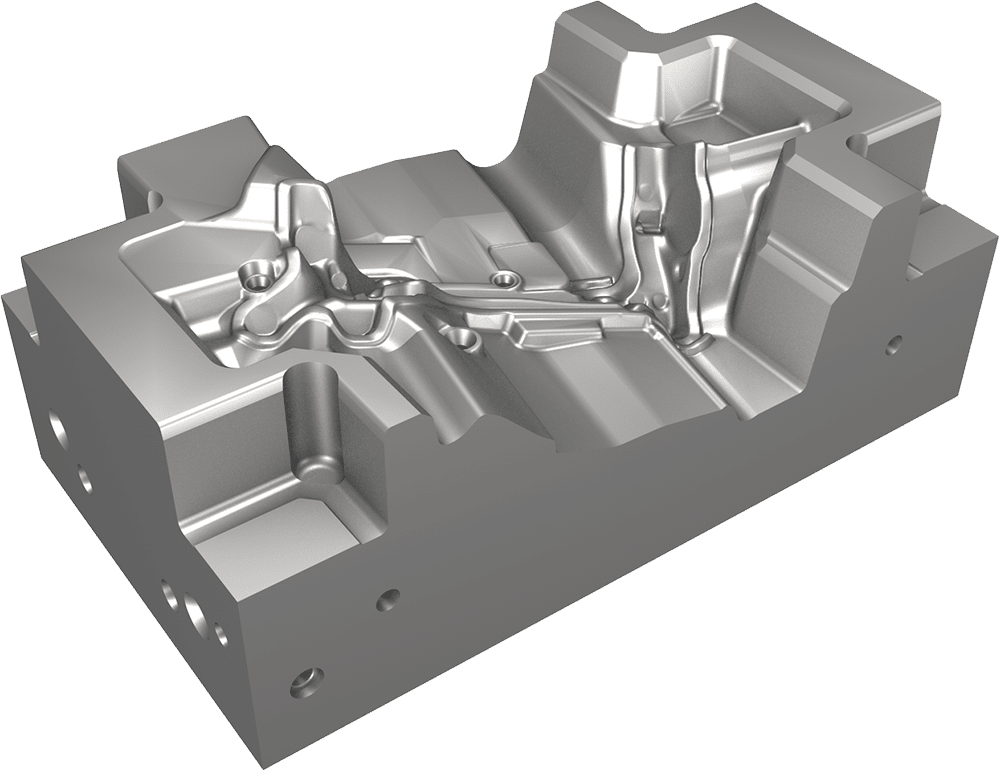 An image of a metal mold used in manufacturing processes. The complex shape of the cavity suggests it is designed for creating intricate parts. The mold, ideal for crafting Aluminium Schmiedeteile, features multiple levels, channels, and detailed contours, likely for precision casting or injection molding.