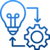 A blue icon featuring a light bulb with arrows connecting it to a gear, symbolizing the concept of innovation and implementation, much like the meticulous process in Schmiedeteile Herstellung.