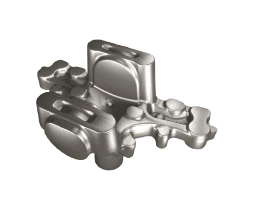 A 3D-rendered image of a metallic mechanical part. The complex structure features several rounded and rectangular protrusions, indents, and intricate contours, possibly used in Schmiedeteile Automotive or industrial machinery design. The part has a sleek, polished appearance.