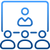 A blue icon depicting a virtual meeting. The icon shows three individuals at the bottom and one larger individual at the top, reminiscent of Schmiedeteile Hersteller collaborating online, indicating a video conference or digital teamwork typical in the Schmiedeteile automotive industry.