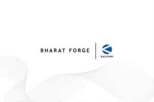 Ein Bild, das auf der linken Seite das Logo von Bharat Forge und auf der rechten Seite das Logo von Kalyani zeigt, getrennt durch eine vertikale Linie, mit einem subtilen abstrakten Wellendesign im Hintergrund, das ihre Expertise in der Herstellung von Schmiedeteilen hervorhebt.