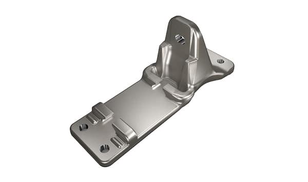 A metal mounting bracket made of Aluminium with a rectangular base, four screw holes, and a raised section in the center featuring an additional hole. Ideal for Schmiedeteile Automotive applications, this bracket is expertly designed for securing or supporting various mechanical components.