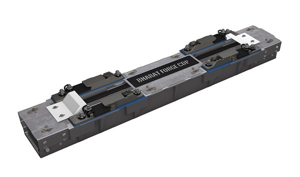 A rectangular linear actuator with a metallic finish, titled "BHAVAT FORCE COP" at the center. The device, potentially suitable for Schmiedeteile Hersteller operations, features several bolts, brackets, and mechanical components indicative of precision engineering for industrial applications.