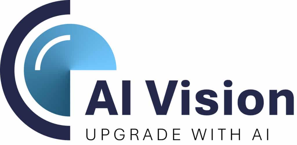 Ein Logo mit einem stilisierten blau-schwarzen Kreisdesign auf der linken Seite und dem Text „AI Vision“ in fetten Buchstaben auf der rechten Seite. Darunter steht der Slogan „UPGRADE WITH AI“ in kleineren Großbuchstaben.