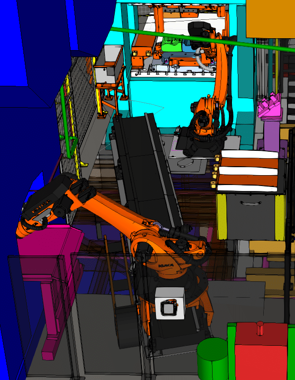 Eine digitale Darstellung einer automatisierten Industrieumgebung mit mehreren Roboterarmen im Einsatz. Die Szene umfasst verschiedene Maschinenkomponenten, Förderbänder und farbenfrohe geometrische Strukturen, die einen fortschrittlichen Hightech-Herstellungsprozess hervorheben.