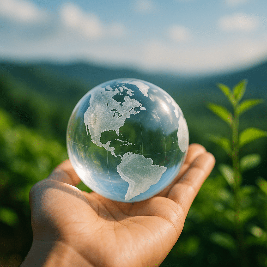 Eine Hand hält einen durchsichtigen Glasglobus, der Amerika zeigt, mit einer üppigen grünen Landschaft und einem blauen Himmel im Hintergrund, der den Umweltschutz und die globale Verantwortung symbolisiert.