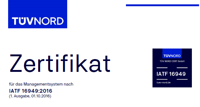 Zertifikat des TÜV NORD für die Bharat Forge Aluminiumtechnik GmbH nach IATF 16949:2016 mit Firmenanschrift, Zertifizierungsumfang, Stempel und Unterschrift.