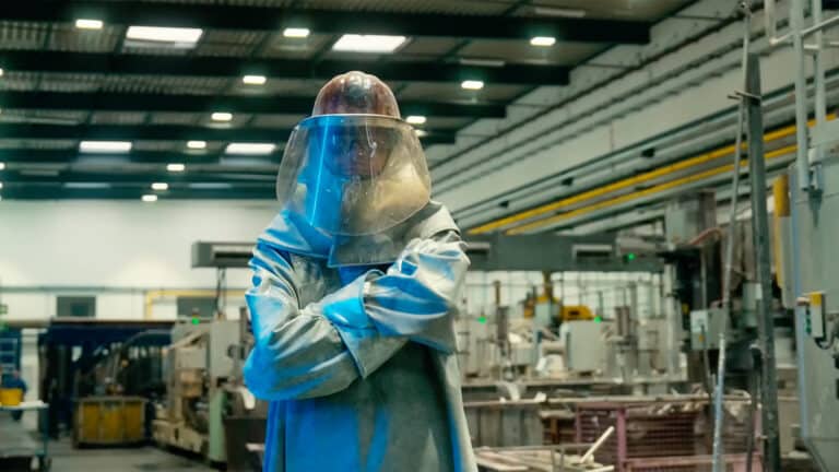 Ein Fabrikarbeiter, der einen Schutzhelm, einen Gesichtsschutz und einen hitzebeständigen Metallanzug trägt, steht mit verschränkten Armen in einer industriellen Fertigungsanlage.