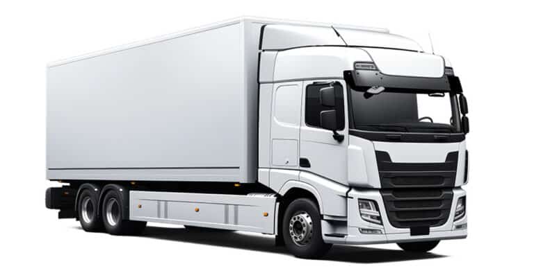 Ein großer, moderner weißer Sattelschlepper mit einem rechteckigen Frachtanhänger, dargestellt auf einem schlichten weißen Hintergrund. Der Lkw hat sechs Räder und ein stromlinienförmiges Design.