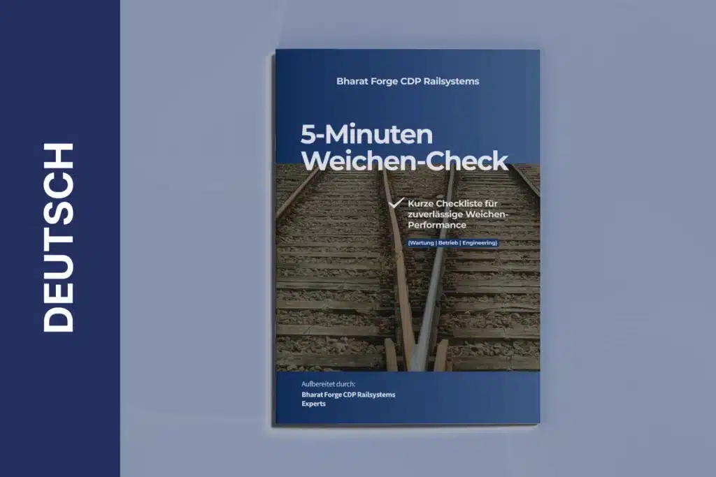 Umschlag einer Broschüre mit dem Titel "5-Minuten Weichen-Check", auf dem eine Weiche abgebildet ist. Im Untertitel wird eine schnelle Checkliste für eine zuverlässige Weichenleistung erwähnt. Der Hintergrund ist blau mit dem Wort "DEUTSCH" auf der linken Seite.